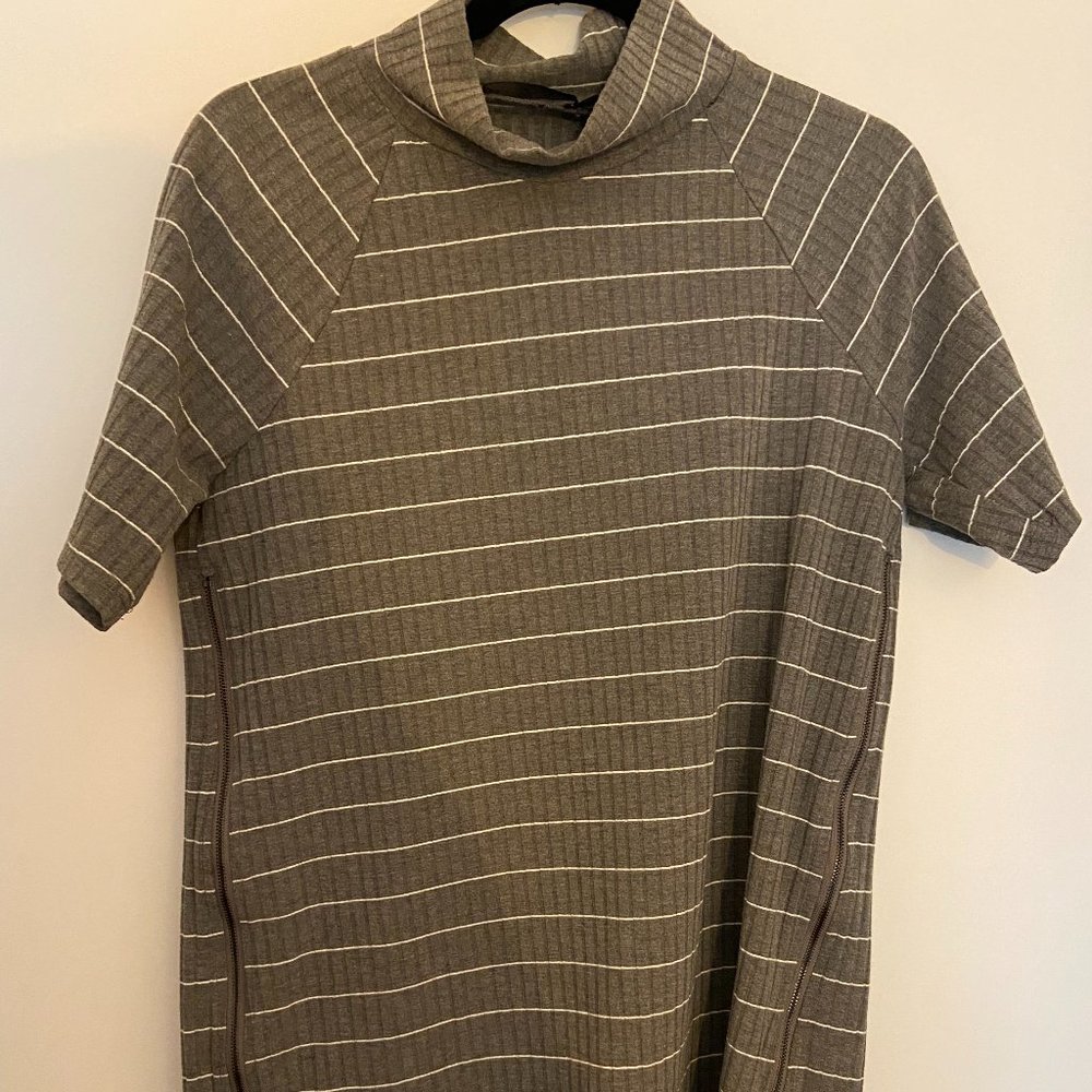 Grey and White Striped Women's Turtleneck Shirt